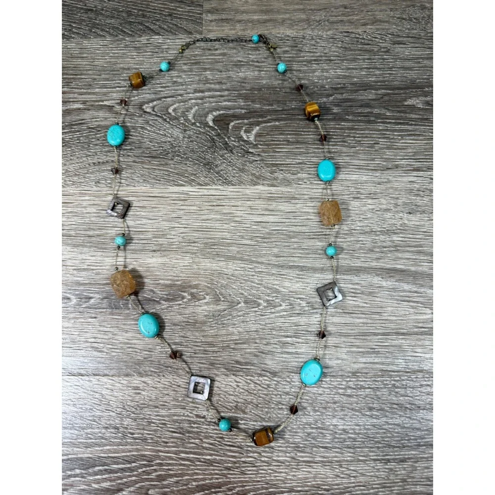 Boho Long Beaded Station Necklace Turquoise Tiger Eye‎ Mixed Stone Earthy